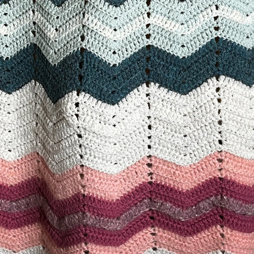 Handmade Chevron crocheted blanket throw mixed yarns 88” X 44”